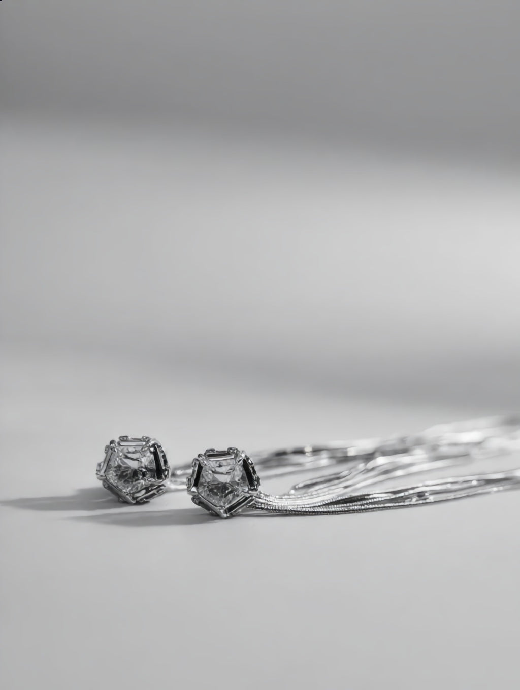 SILVER CRYSTAL STUD MULTI-CHAIN TASSEL FRINGE EARRINGS