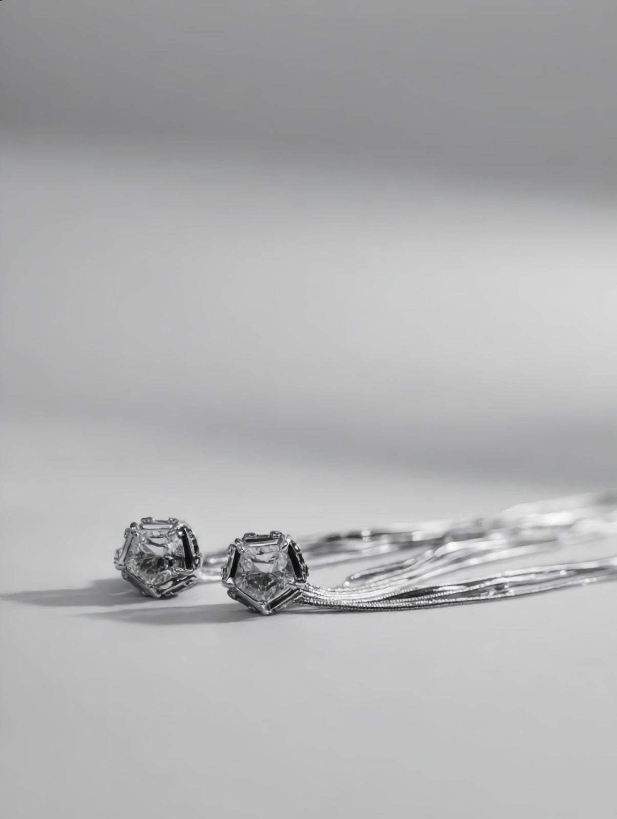 SILVER CRYSTAL STUD MULTI-CHAIN TASSEL FRINGE EARRINGS