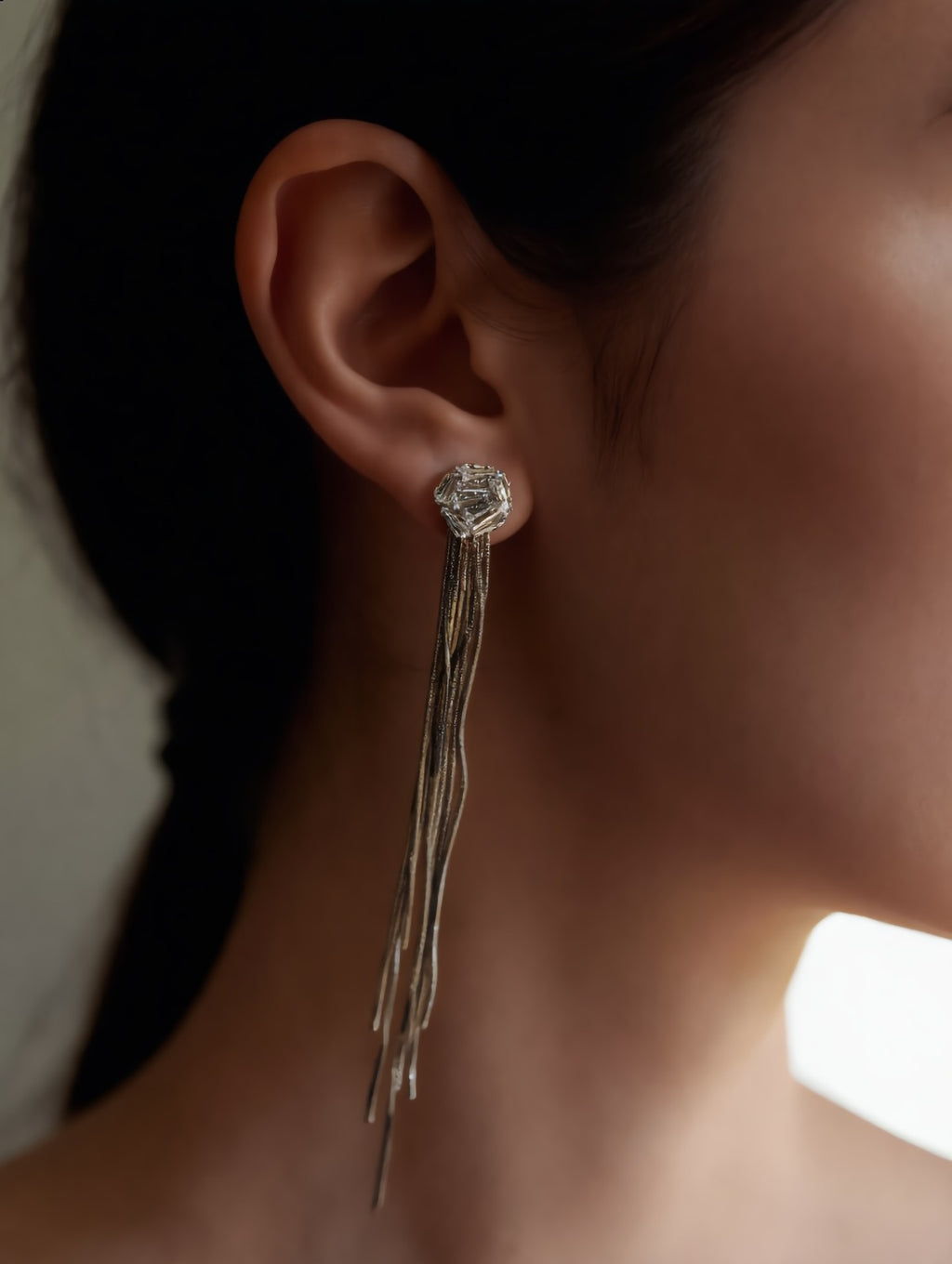 SILVER CRYSTAL STUD MULTI-CHAIN TASSEL FRINGE EARRINGS