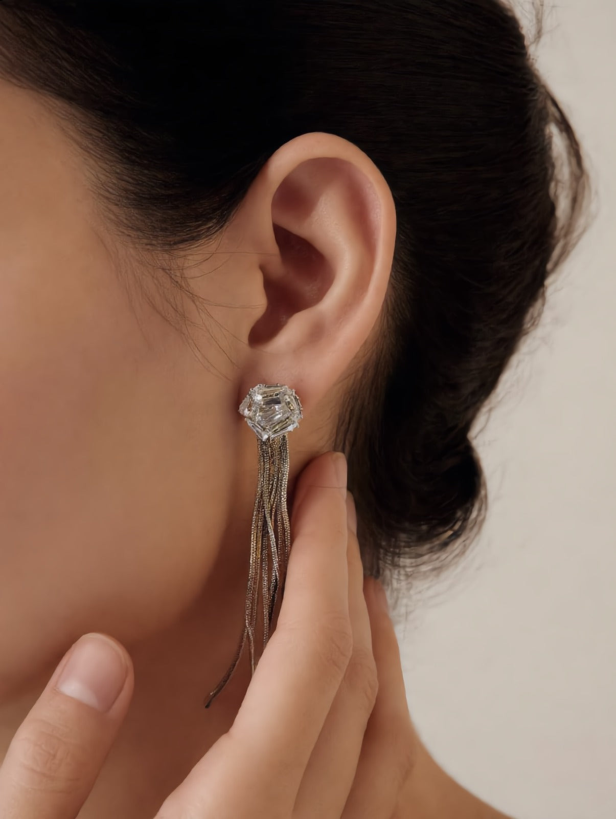 SILVER CRYSTAL STUD MULTI-CHAIN TASSEL FRINGE EARRINGS